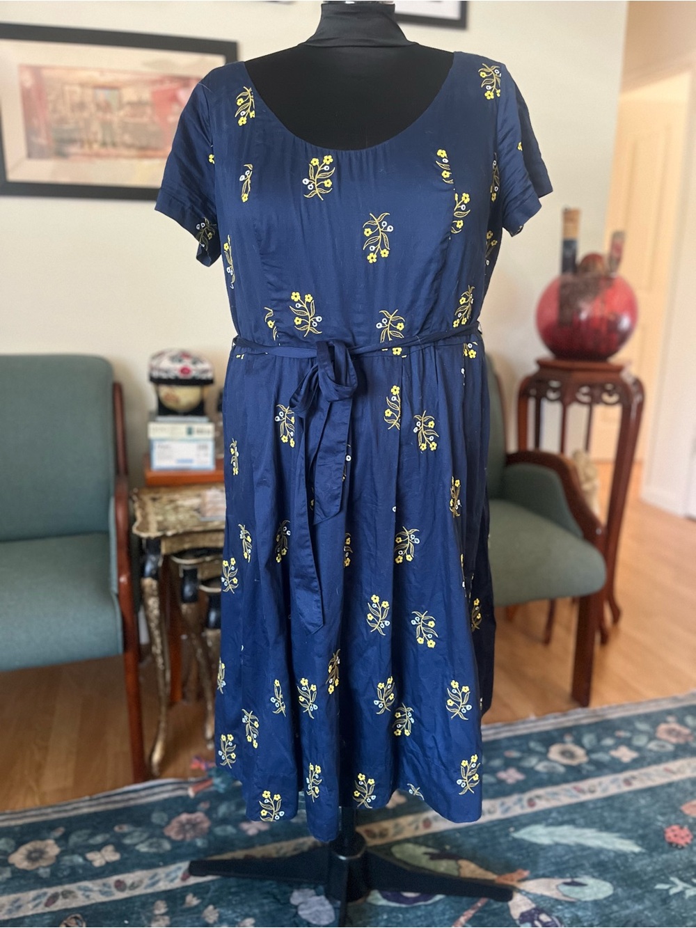 Lands' End Navy Dress with Yellow Floral Embroidery and Tie Waist